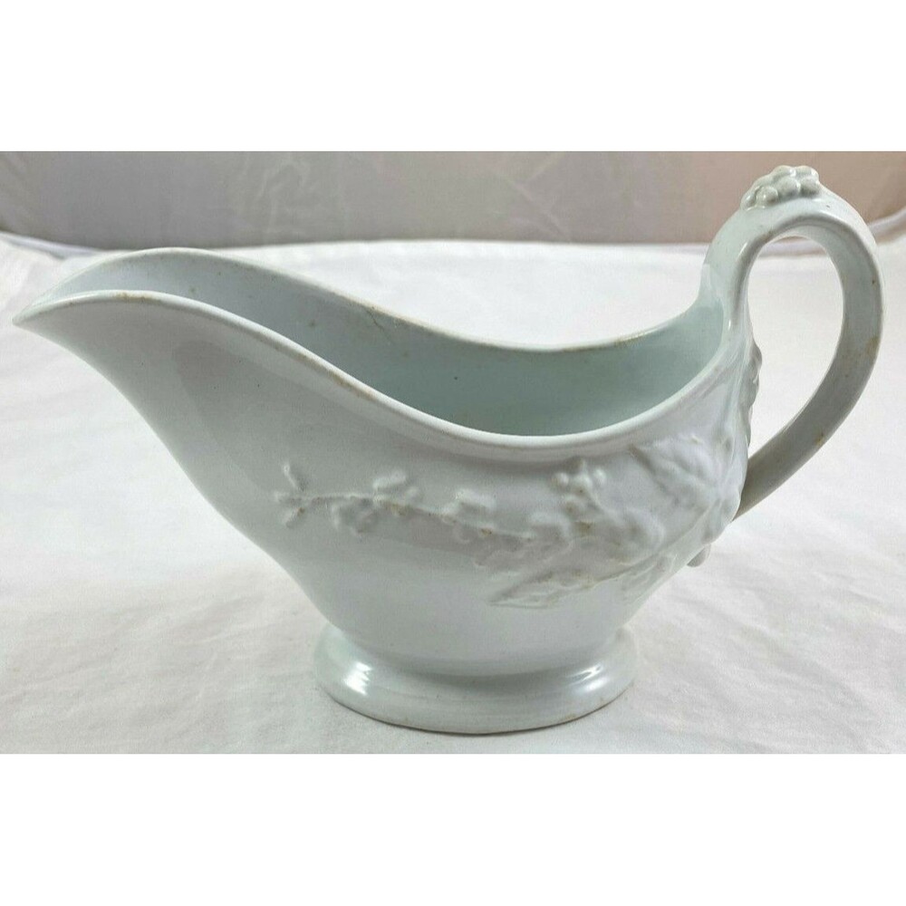 Fenton Challinor Gravy Boat White Ironstone Embossed Farmhouse Antique 1860's